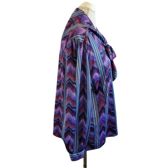 Vintage 80s Womens Plus Size 1X Chevron Purple Blouse Necktie Longsleeve - Picture 3 of 4